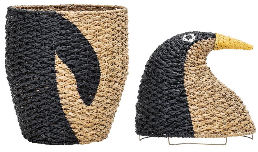 Kosz z pokrywą 'Pingwin' - Czarny/Naturalny