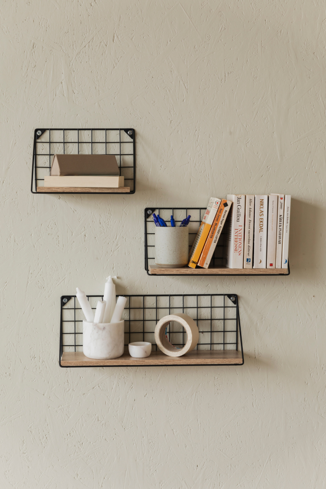 3-pak Półek ściennych 'Net' - Czarny/Naturalny